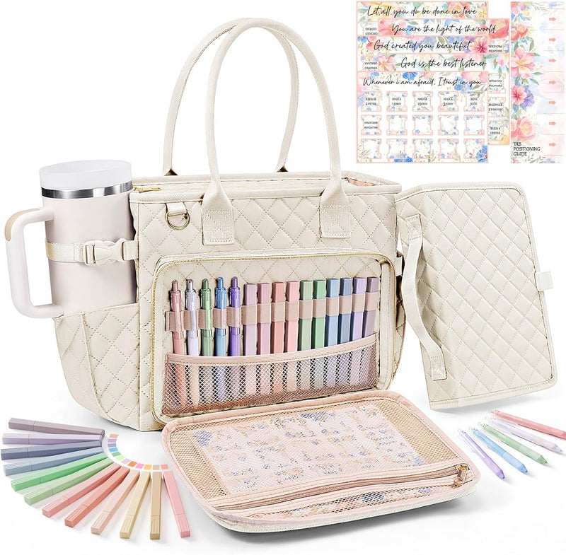 FLOE Large Bible Bag with Bible Cover Case for Women, Quilted Church Tote Bag Book Carrying Case w/Shoulder Strap,Bible Study Supplies Journaling Kit Accessories Valentines Day Christian Gift for Women Her - Image 1